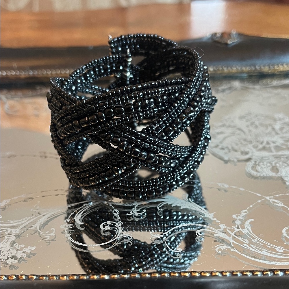 Weaved Black Beads Braided Cuff Bracelet